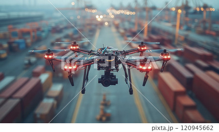 A close up of drone with spinning propellers, flying over busy shipping yard filled with containers, showcasing advanced technology and industrial activity. 120945662