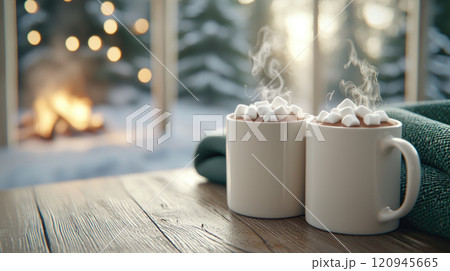 Warm mugs of hot chocolate with marshmallows create cozy atmosphere Warm mugs of hot chocolate with marshmallows create cozy atmosphere 120945665