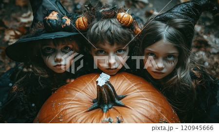 Three young girls are posing for a picture with a pumpkin Three young girls are posing for a picture with a pumpkin 120945666