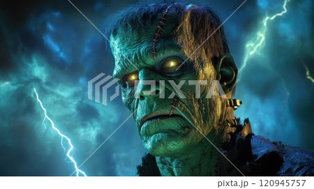 Frankenstein's monster with glowing eyes stands in front of a stormy sky 120945757
