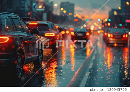 A busy street with cars driving in the rain 120945796