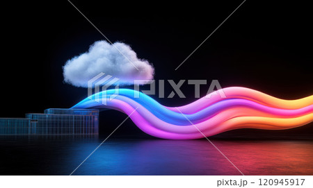 vibrant cloud flows data streams from modern business building, symbolizing connectivity 120945917