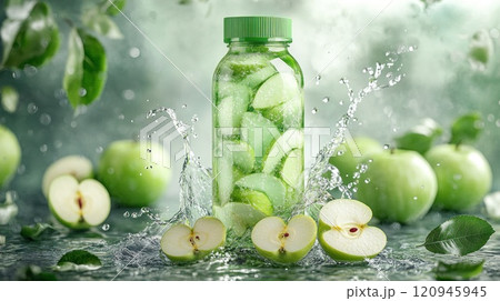 A green apple juice bottle with a splash of water on top 120945945