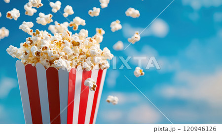 Fresh popcorn spilling from red and white striped container against blue sky 120946126