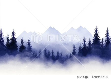 Majestic snowy mountains and pine trees create serene landscape 120946400