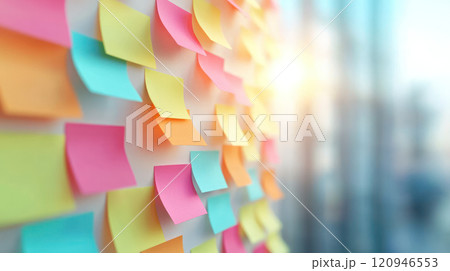 Colorful sticky notes create vibrant workspace atmosphere filled with creativity Colorful sticky notes create vibrant workspace atmosphere filled with creativity 120946553