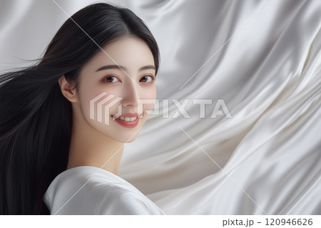 シルク背景のロングヘアの女性 120946626