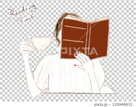Illustration of a woman drinking coffee and reading 120946632