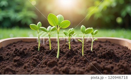 Small green plants are growing in the soil. Small green plants are growing in the soil. 120946718
