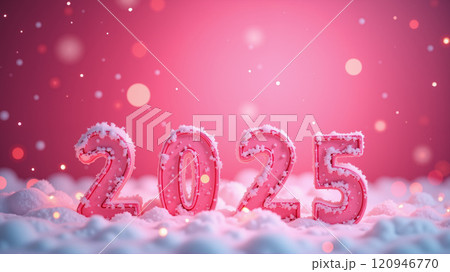 2025 on a snowy background with a pink background. 120946770