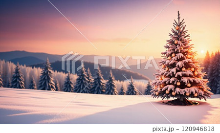 A single Christmas tree is outdoors, the ground is full of snow. Christmas background image. 120946818