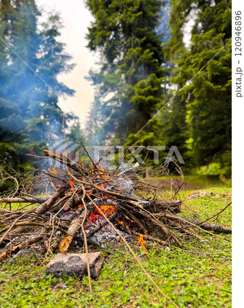 Burning bonfire made of branches and sticks with rising smoke in forest clearing surrounded by pine trees. Natural outdoor scene for camping and adventure. Hiking trip or overnight stays in forest. Burning bonfire made of branches and sticks with rising smoke in forest clearing surrounded by pine trees. Natural outdoor scene for camping and adventure. Hiking trip or overnight stays in forest. 120946896