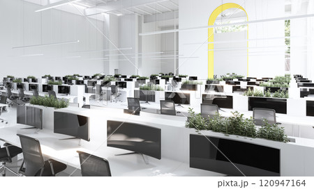 Sleek, modern office space with natural light and greenery. 120947164