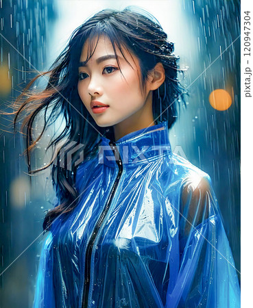 雨の中でレインコート着て立っている東洋系の女性 120947304