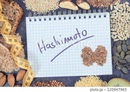 Nutritious ingredients, tape measure and inscription hashimoto. Healthy food containing vitamins 120947965