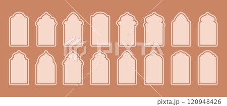 Ramadan Shape Door. Arabic architecture. Set of beige Moroccan gates. Traditional Vector illustration 120948426