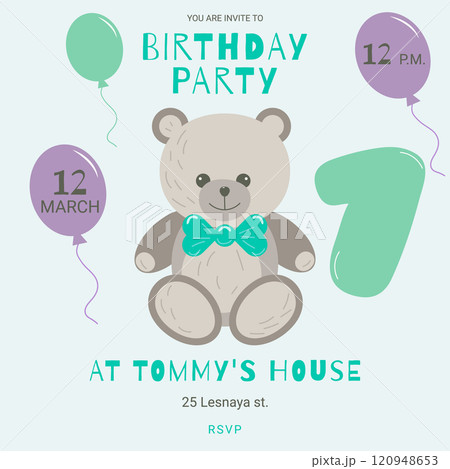 Invitation childrens birthday party with cute bear boy with bow and number. Celebration First birthday. Greeting card template for children. Vector illustration. Invitation childrens birthday party with cute bear boy with bow and number. Celebration First birthday. Greeting card template for children. Vector illustration. 120948653