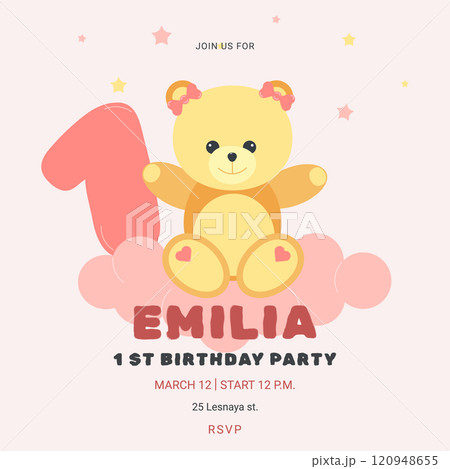 Invitation childrens birthday party with cute bear and number. 1st birthday. Celebration First birthday. Greeting card template for children. Vector illustration. Invitation childrens birthday party with cute bear and number. 1st birthday. Celebration First birthday. Greeting card template for children. Vector illustration. 120948655