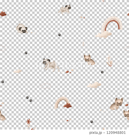 Seamless pattern with cartoon animals and rainbow for children's design. Hand drawn wallpapers of illustration of cute dogs - pug and french bulldog on isolated. Flowers and stones and clouds. 120948801