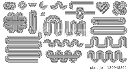 Abstract shapes with line pattern. Vector retro arch and geometric waves on white background. Organic graphic elements and curved modern figures. Simple minimalistic aesthetic stripes 120948862