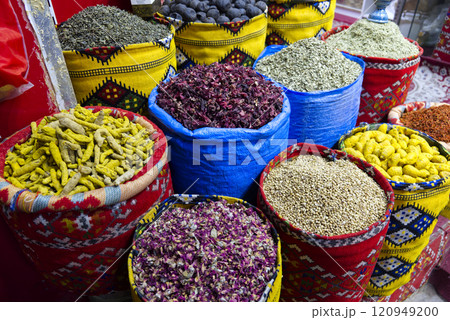 colorful baskets full of spices in a Middle Eastern souk colorful baskets full of spices in a Middle Eastern souk 120949200
