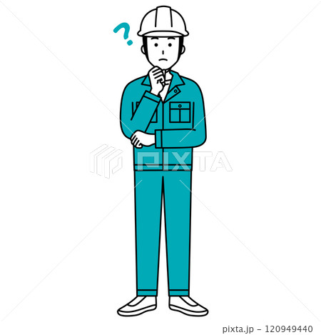 アイデアを考える作業員の男性(全身) アイデアを考える作業員の男性(全身) 120949440