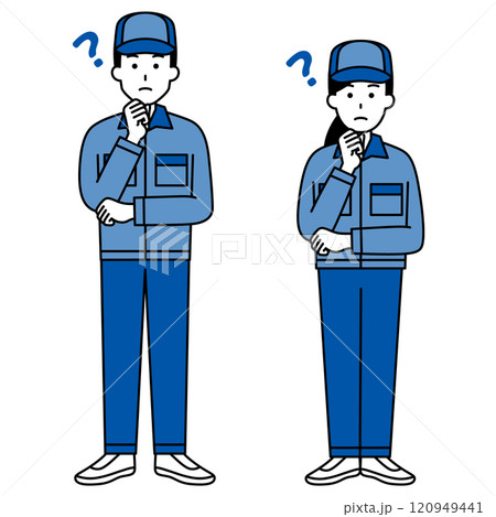 アイデアを考えるつなぎ作業服の男女　セット（全身） 120949441