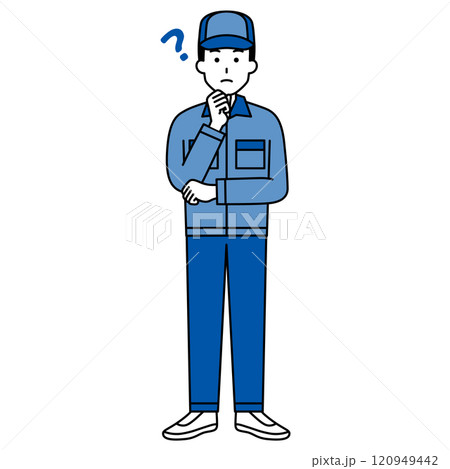 アイデアを考えるつなぎ作業服の男性(全身) アイデアを考えるつなぎ作業服の男性(全身) 120949442