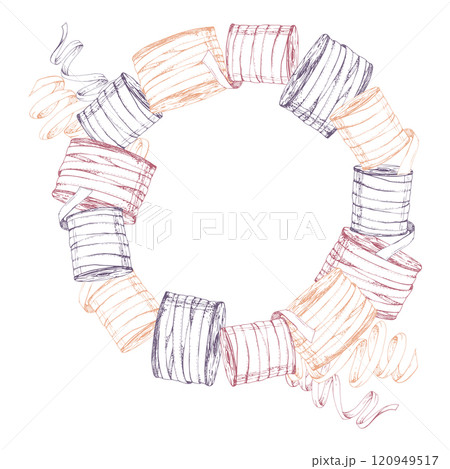 Threads ribbons spools bobbins fabric serpentine. Hand drawn ink vector illustration sewing embroidery craft supplies. Frame wreath isolated on white background. Design atelier, tailor, hobby shop 120949517