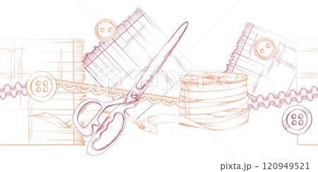 Hand drawn ink vector illustration sewing craft supplies. Fabric scissors snaps, wooden buttons ribbon bobbin lace, red beige. Frame isolated on white background. Design atelier, tailor, hobby shop 120949521