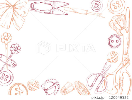 Fabric scissors snaps, pins, wooden buttons ribbon bow tie, red beige, sewing craft supplies. Hand drawn ink vector illustration, isolated frame on white background. Design atelier, tailor, hobby shop 120949522