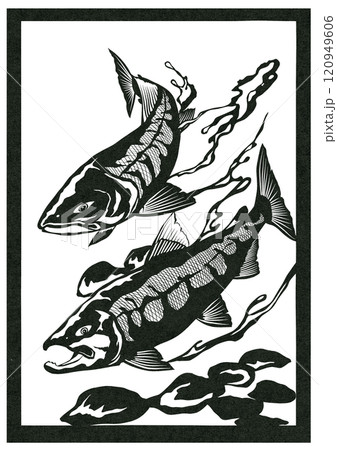 水中の鮭の原画に使えるシンプル白黒切り絵イラスト 水中の鮭の原画に使えるシンプル白黒切り絵イラスト 120949606