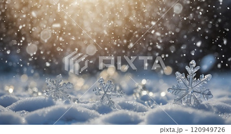 雪が降り積もり結晶が見られる 120949726