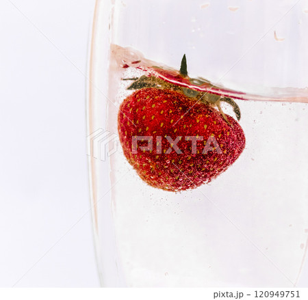 Close up shot of the strawberries in the water. Shot is good for commercials 120949751