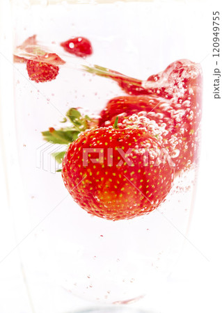 Close up shot of the strawberries in the water. Shot is good for commercials 120949755