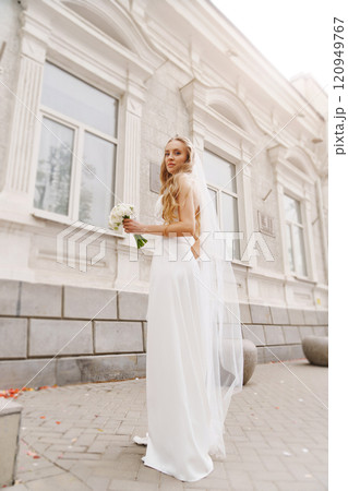 bride in a veil and with a bouquet against the background of a classic building bride in a veil and with a bouquet against the background of a classic building 120949767