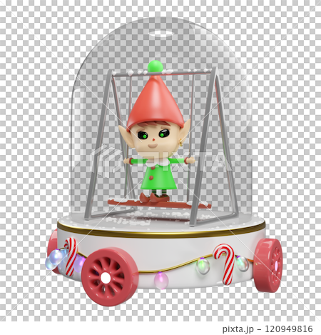 3d Elf sitting swing in snow globe with decorated podium on wheels isolated. merry christmas, festive new year concept, 3d render illustration 120949816