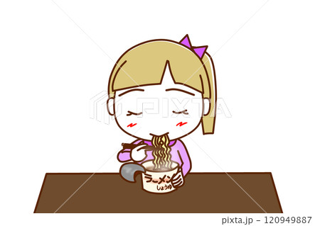 (上半身正面)カップ麺を美味しそうに食べている白人少女 (上半身正面)カップ麺を美味しそうに食べている白人少女 120949887