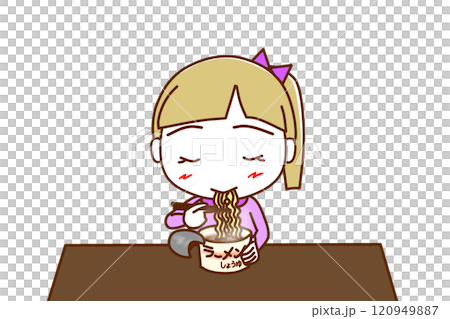 (Front upper body) A Caucasian girl eating instant noodles with gusto 120949887
