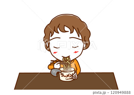 （上半身正面）カップ麺を美味しそうに食べている白人少年 120949888