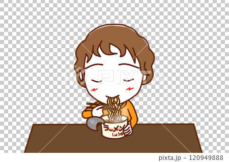（上半身正面）カップ麺を美味しそうに食べている白人少年 120949888