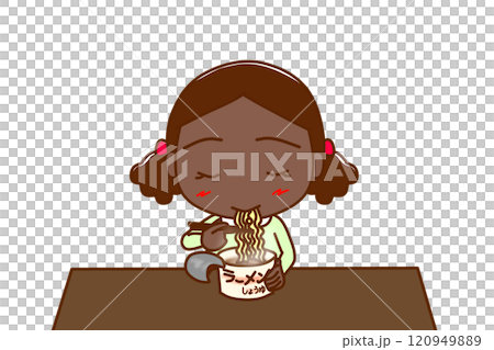 (Front view of upper body) An African-American girl eating instant noodles with gusto (Front view of upper body) An African-American girl eating instant noodles with gusto 120949889