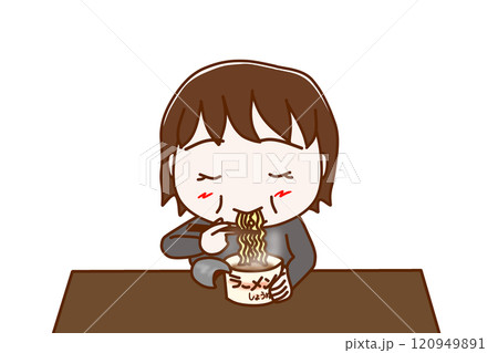 （上半身正面）カップ麺を美味しそうに食べている太った女性 120949891