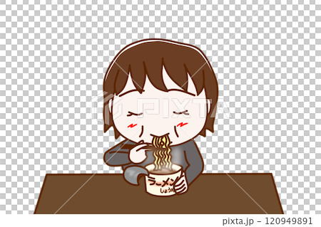 （上半身正面）胖女人吃杯麵的樣子很好吃 120949891