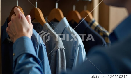 Adult caucasian male choosing blue shirt from wardrobe hanging on wooden hangers 120950212