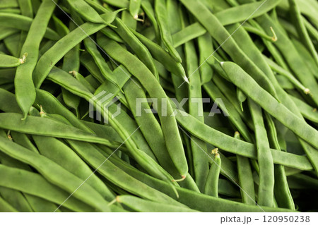 Green romano beans on the counter in the market Green romano beans on the counter in the market 120950238