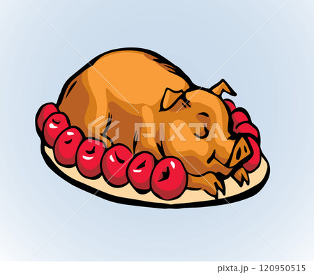 Vector drawing. Tasty pig on the plate 120950515