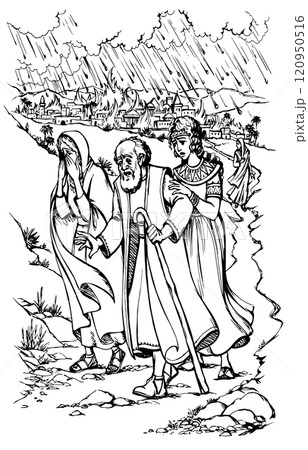 Vector drawing. Lot flee from Sodom 120950516