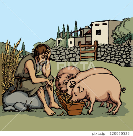 Vector drawing. A sad man and pigs 120950523