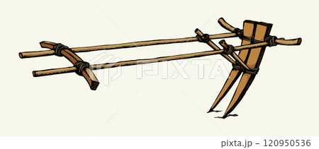 Vector drawing. Old wooden plow Vector drawing. Old wooden plow 120950536